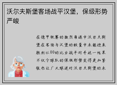沃尔夫斯堡客场战平汉堡，保级形势严峻